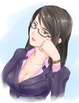  black_eyes black_hair breasts business_suit cleavage formal frown glasses jacket large_breasts lipstick long_hair makeup office_lady open_clothes open_mouth open_shirt original shirt solo suit yamaishi_(mukoubuti) 