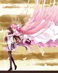  akemi_homura black_hair book boots closed_eyes dress feathers floating_hair flying gloves hands_on_another's_chest high_heels highres hug hug_from_behind kaname_madoka light_rays light_smile long_hair magical_girl mahou_shoujo_madoka_magica multiple_girls pantyhose pink_hair profile ribbon shoes spoilers sun_trial sunbeam sunlight thigh_boots thighhighs ultimate_madoka very_long_hair white_dress white_gloves wings 
