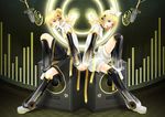  1girl brother_and_sister hazuki_(azana) headphones highres kagamine_len kagamine_rin microphone siblings sitting speaker twins vocaloid vocaloid_append 