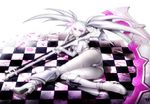  ass black_rock_shooter black_rock_shooter_(game) boots checkered high_heels highres lying shoes staff twintails unkai_tenshi white_rock_shooter 