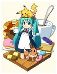 animal animal_on_head barefoot blueberry blush_stickers candy checkerboard_cookie cookie crossover doughnut eevee food fruit gen_1_pokemon hatsune_miku jelly_bean long_hair minigirl on_head pancake pie pikachu pokemon pokemon_(creature) pokemon_on_head saotome_ryuuichi smile stack_of_pancakes teapot twintails very_long_hair vocaloid 