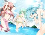  bad_id bad_pixiv_id barefoot bat_wings bikini blue_eyes blue_hair blush bow breasts cirno cleavage cloud daiyousei day fairy_wings frilled_bikini frills front-tie_top green_eyes green_hair hair_bow head_wings highres koakuma large_breasts light_rays long_hair multiple_girls navel open_mouth outdoors purple_sarong red_eyes red_hair ribbon sarong sarong_removed short_hair side_ponytail sky smile striped striped_bikini striped_swimsuit sun sunbeam sunlight swimsuit toranashi touhou towel wading water white_sarong wings 