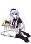  apron boots cake dress drink eyepatch food full_body grey_hair headdress highres infinite_stratos laura_bodewig long_hair maid red_eyes ribbon simple_background sitting solo tray 