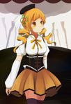  bad_id bad_pixiv_id blonde_hair blush coop_(coupon123) detached_sleeves dress drill_hair hat magical_girl mahou_shoujo_madoka_magica ribbon solo thighhighs tomoe_mami twin_drills twintails yellow_eyes 