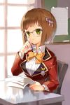  anmi bow breasts brown_hair desk glasses green_eyes hair_ornament hairclip lowres medium_breasts paper pen school_uniform short_hair sitting solo sword_girls thinking 