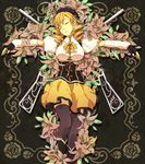  beret blonde_hair boots closed_eyes crucifixion drill_hair fingerless_gloves flower gari_(apollonica) gloves gun hat highres lily_(flower) lying magical_musket mahou_shoujo_madoka_magica on_back puffy_sleeves rifle short_hair solo thighhighs tomoe_mami twintails weapon 
