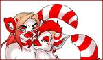  blonde_hair blue_eyes cat couple crossbreed feline female hair holly_massey incest lemur long_hair looking_at_viewer male nude red red_hair short_hair spots striped_tail tail white white_background 