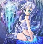  bare_shoulders blue_eyes blue_hair breasts fossil greaves long_hair medium_breasts panties pixiv_fantasia pixiv_fantasia_5 sitting solo thighhighs underwear white_legwear yato 