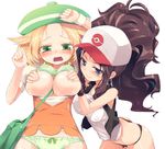  bad_id bad_pixiv_id baseball_cap bel_(pokemon) black_panties blue_eyes blush bow bow_bra bow_panties bra bra_lift breast_grab breasts brown_hair colored_eyelashes eyelashes grabbing green_bra green_eyes green_panties hat highres homura_subaru large_breasts lingerie long_hair medium_breasts multiple_girls no_pants panties pokemon pokemon_(game) pokemon_bw ponytail short_hair symbol-shaped_pupils touko_(pokemon) underwear 