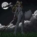  anthro bushy_tail female fluffy_tail hair long_hair moon night solo sword tail unknown_artist unknown_species weapon 