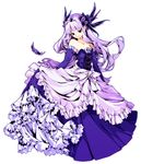  bangs bare_shoulders blue_eyes blunt_bangs dress elbow_gloves feathers frilled_dress frills gloves gown gwendolyn lavender_hair long_hair oboro_keisuke odin_sphere purple_hair simple_background skirt_hold solo strapless strapless_dress 