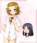  akiyama_mio black_hair blood bottomless brown_eyes brown_hair chibi chibi_inset gift hairband hayashiya_zankurou highres k-on! multiple_girls nosebleed panties shirt short_hair tainaka_ritsu underwear valentine white_shirt 