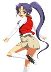  absurdres asuka_(dream_c_club_zero) dream_c_club dream_c_club_(series) dream_c_club_zero highres kneehighs long_hair mole onija_tarou panties pantyshot plaid ponytail purple_eyes purple_hair shoes skirt sneakers solo striped underwear very_long_hair vest 