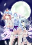  bad_id bad_pixiv_id blue_eyes blush breasts dress dress_lift full_moon izayoi_sakuya large_breasts moon multiple_girls navel night night_sky nipples panties panty_pull pink_hair pussy_juice red_eyes saigyouji_yuyuko short_hair sicile_gloria silver_hair skirt skirt_lift sky tongue touhou underwear white_panties yuri 