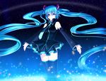  alternate_color aqua_eyes aqua_hair blue_eyes blue_hair detached_sleeves floating_hair hatsune_miku highres long_hair outstretched_arms serious solo spread_arms thighhighs twintails very_long_hair vocaloid yuuki_kira zettai_ryouiki 