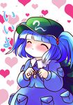  absurdres blue_hair blush closed_eyes hair_bobbles hair_ornament hat heart highres kawashiro_nitori key pocket short_hair solo touhou two_side_up yume_shokunin 