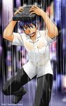  blue_hair club_z male male_focus outdoors school_uniform solo wet 