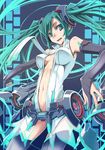  absurdres aqua_hair bare_shoulders blue_eyes bridal_gauntlets center_opening colored_eyelashes detached_sleeves eyelashes hatsune_miku hatsune_miku_(append) highres kodama_yuu long_hair nail_polish necktie open_mouth outstretched_arm outstretched_hand revision smile solo thighhighs twintails very_long_hair vocaloid vocaloid_append 