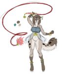  brown_hair clothed clothing ear_piercing earring feline female hair half-dressed jewelry kathrin_(twokinds) keidran kitetsu mammal pantsless piercing plain_background smile solo spots standing tail translucent twokinds weapon whip white_background 