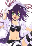  choker green_eyes hat merry_nightmare midriff navel ploki purple_hair ribbon short_hair solo striped striped_legwear thighhighs yumekui_merry 