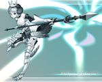  aqua armor armored_dress bare_shoulders boots braid breasts character_name choker cleavage copyright_name crown dress elbow_gloves gloves gwendolyn high_heels masn_(moxi) odin_sphere polearm shoes small_breasts solo spear strapless strapless_dress thighhighs weapon wings 