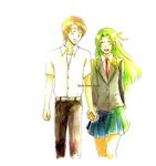  1girl 5656yuri blonde_hair couple green_hair hair_ribbon hetero higurashi_no_naku_koro_ni holding_hands houjou_satoshi ribbon school_uniform sonozaki_shion 