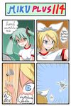  alternate_costume aqua_eyes aqua_hair badminton blonde_hair blue_eyes catstudioinc_(punepuni) comic hatsune_miku highres kagamine_rin multiple_girls smile thai translated vocaloid 