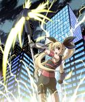  ass bardiche blonde_hair fate_testarossa gloves hair_ribbon highres lightning long_hair lyrical_nanoha mahou_shoujo_lyrical_nanoha red_eyes ribbon sentaro skin_tight solo twintails 