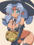  bare_shoulders bikini_bottom blue_hair bustier corset dark_skin elbow_gloves gloves hat jack-o'-lantern lingerie long_hair low-tied_long_hair naitou_kouse original pointy_ears pumpkin smile solo thighhighs twintails underwear witch_hat 