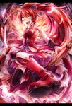  bare_shoulders black_legwear boots chain detached_sleeves feathers feet foreshortening highres letterboxed long_hair mahou_shoujo_madoka_magica mgi open_mouth polearm ponytail pov_feet red_eyes red_hair sakura_kyouko solo spear tears thighhighs weapon yosuke 