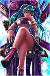  aqua_eyes aqua_hair armband boken_fantasy chair chin_rest crossed_legs flower hatsune_miku highres jewelry legs long_hair ring shoes sitting skirt solo thighs twintails vocaloid wristband 