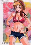 bangle bikini_top blush bracelet breasts brown_eyes cleavage collarbone cover cover_page cutoffs denim denim_shorts doujinshi hat highres isao jewelry large_breasts looking_at_viewer monkey_d_luffy monkey_d_luffy_(cosplay) nami_(one_piece) navel one_piece open_mouth orange_hair short_hair shorts skinny smile solo straw_hat tattoo 