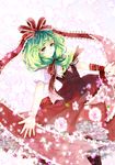  awa_toka boots bow dress flower frills front_ponytail green_eyes green_hair hair_bow hair_ribbon kagiyama_hina petals ribbon smile solo touhou 