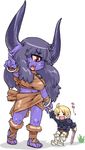  &gt;_&lt; 1boy 1girl age_difference armor blonde_hair cyclops demon_girl eyes_closed fantasy feet final_fantasy final_fantasy_tactics forced giantess hand_holding horns long_hair monster_girl nail_polish nezumi nezunezu one-eyed open_mouth pointing purple_hair purple_skin ramza_beoulve red_eyes size_difference sword tears text translated weapon white_background 