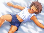  bed_sheet bedsheets brown_hair male male_focus navel open_mouth set sleeping solo thisarmor yaoi 