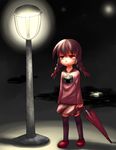  aosora_(mizore) bad_id bad_pixiv_id braid brown_hair closed_umbrella kneehighs lamppost madotsuki pink_shirt puddle red_eyes shirt short_twintails skirt solo twin_braids twintails umbrella yume_nikki 