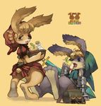  1girl aoneko blonde_hair cornelius_(odin_sphere) eating food fruit furry gauntlets hood odin_sphere pooka_(odin_sphere) sword velvet_(odin_sphere) weapon 