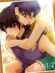  1girl black_hair blue_eyes blue_hair carrying casual chinese_clothes green_eyes long_hair mizu_no photo_(object) piggyback ranma_1/2 saotome_ranma short_hair shorts tangzhuang tendou_akane 