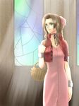  aerith_gainsborough bad_id bad_pixiv_id basket bow bracelet braid brown_hair choker cropped_jacket dress final_fantasy final_fantasy_vii green_eyes hair_ribbon jewelry llmonakall long_dress long_hair pink_bow pink_dress ponytail ribbon single_braid solo stained_glass 