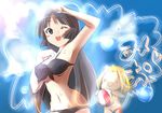  akiyama_mio armpits ball beachball bikini black_eyes black_hair breasts chibi front-tie_top k-on! kato_(mogumoguokome) long_hair medium_breasts multiple_girls one_eye_closed sweat swimsuit tainaka_ritsu underboob 