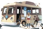  aikei_ake blue_eyes blue_hair blush_stickers bug bus butterfly cat ground_vehicle insect kneehighs long_hair motor_vehicle original paw_print pun school_uniform serafuku sidelocks skirt solo too_many too_many_cats 