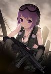  between_breasts breasts cait camouflage cleavage crop_top dog_tags ear_protection elbow_pads gloves goggles goggles_on_head gun h&amp;k_mp5 heckler_&amp;_koch highres holding holding_weapon knee_pads medium_breasts midriff original purple_eyes purple_hair rifle short_hair solo submachine_gun sweat trigger_discipline weapon 