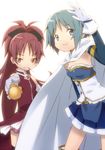  arm_up bad_id bad_pixiv_id bare_shoulders blue_eyes blue_hair cape food gloves kanazawa_hiromu magical_girl mahou_shoujo_madoka_magica miki_sayaka multiple_girls pocky ponytail red_eyes red_hair sakura_kyouko short_hair smile thighhighs white_gloves 