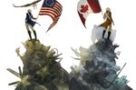  america america_(hetalia) american_flag american_revolution anachronism axis_powers_hetalia bald_eagle bear beaver bird blonde_hair canada canada_(hetalia) canadian_flag cn_tower eagle error flag hakuku historical_american_flag hockey_puck hockey_stick landmark male_focus moose multiple_boys patriotism polar_bear star statue_of_liberty uniform 