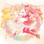  bad_id bad_pixiv_id blonde_hair boots bow choker cure_melody cure_rhythm dress eyelashes hair_ribbon highres houjou_hibiki knee_boots long_hair magical_girl minamino_kanade molatoliamu multiple_girls musical_note pink_bow pink_choker pink_hair pink_legwear precure ribbon suite_precure thighhighs twintails white_choker 