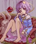  ama-tou bare_legs barefoot bloomers chin_rest couch eyeball feet hairband heart highres komeiji_satori legs purple_eyes purple_hair short_hair sitting solo stuffed_animal stuffed_bunny stuffed_toy third_eye touhou underwear work_in_progress 