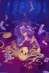  alice_(wonderland) alice_in_wonderland arm_warmers bad_id bad_pixiv_id blonde_hair bow card cheshire_cat cup dress falling_card hair_bow highres long_hair lying lying_card on_back playing_card pocket_watch purple_eyes qinni saucer short_sleeves solo spill striped striped_legwear tea teacup thighhighs upside-down watch 