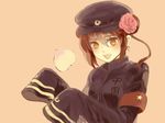  :d armband axis_powers_hetalia bad_id bad_pixiv_id brown_hair bun_(kunpu) china_(hetalia) double_bun flower genderswap genderswap_(mtf) hair_flower hair_ornament hat open_mouth sidelocks simple_background sleeves_past_wrists smile solo translated yellow_eyes 