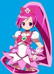  bad_id bad_pixiv_id blue_background bow choker cure_blossom hanasaki_tsubomi heart heartcatch_precure! long_hair magical_girl meiro_(yuu) pink_bow pink_choker pink_eyes pink_hair ponytail precure skirt solo 