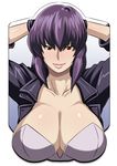  arms_up blush breast_mousepad breasts butcha-u cleavage collarbone ghost_in_the_shell hands_on_own_head kusanagi_motoko large_breasts mousepad purple_hair red_eyes smile solo 